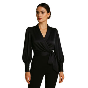 Zimmermann Black Silk Wrap Blouse Long Sleeve Tie Waist Ruched Cuff, 1 = US 2-4